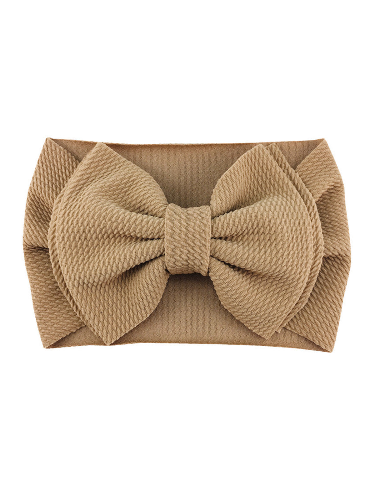 Tan headband with a large bow design, made from textured fabric. Perfect for adding a stylish touch.