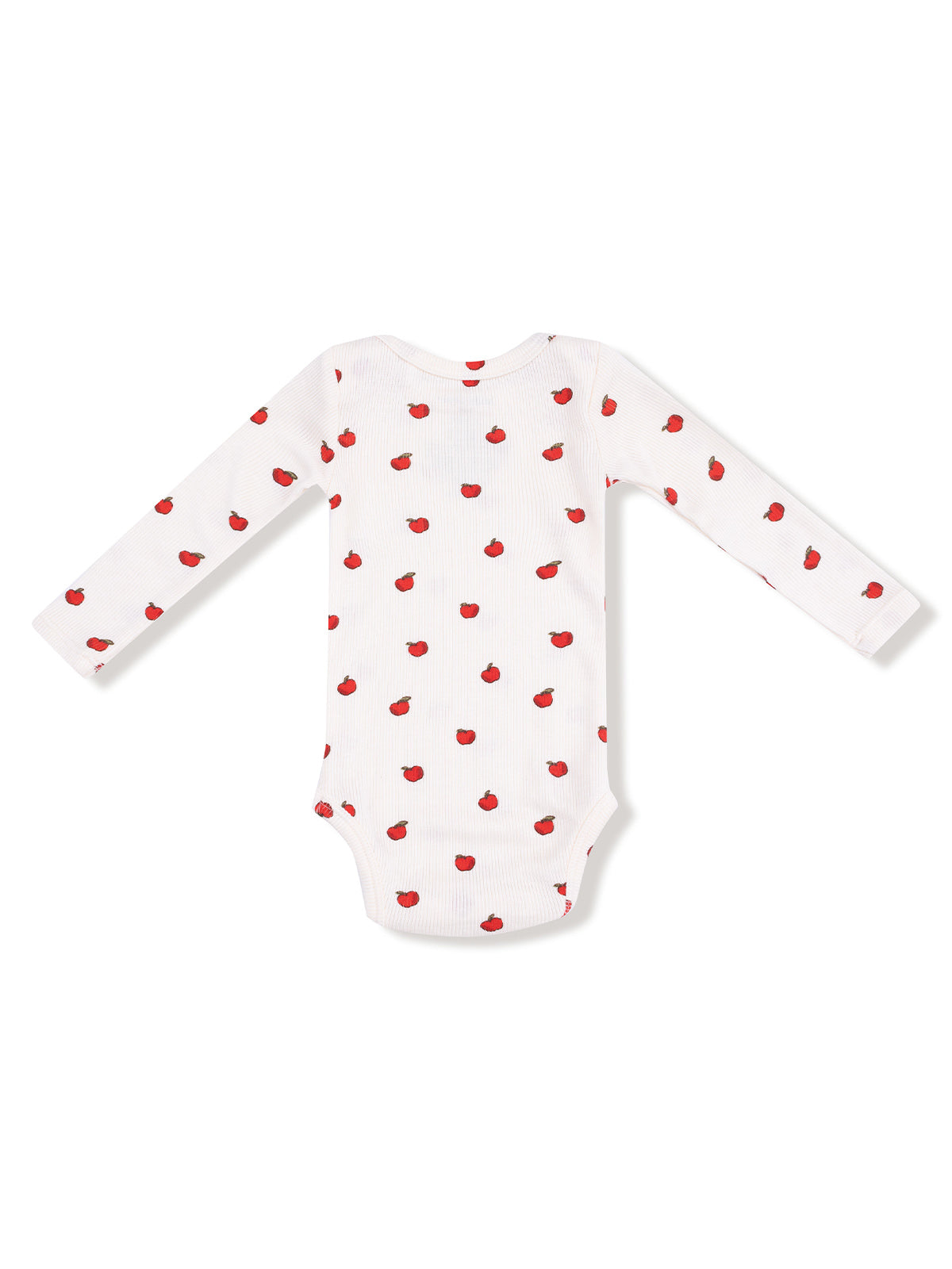 White long-sleeve baby bodysuit with red fruit patterns.