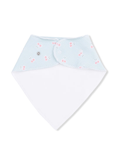 Blue and white bandana bib with pink cherry pattern and snap buttons. Ideal for infants and toddlers.