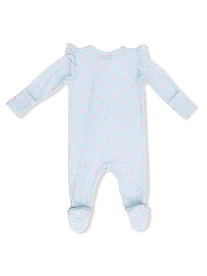 Light blue baby onesie with ruffled sleeves and pink flower pattern, featuring footed design for warmth.