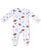 Baby onesie featuring a playful football pattern on a white background with blue accents.