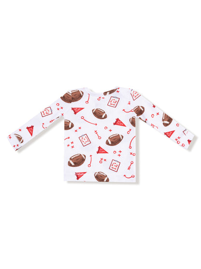 White long-sleeve shirt with red football and sports-themed prints, fun for kids' casual wear.