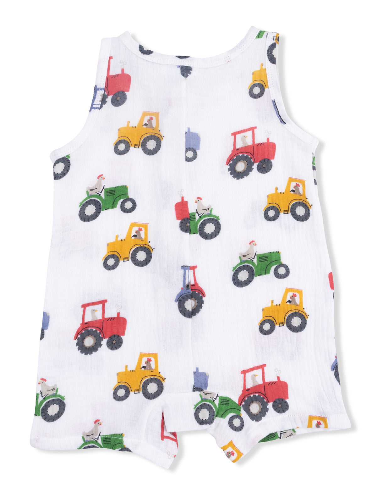 White sleeveless romper with colorful tractor print and animal designs, perfect for young children.