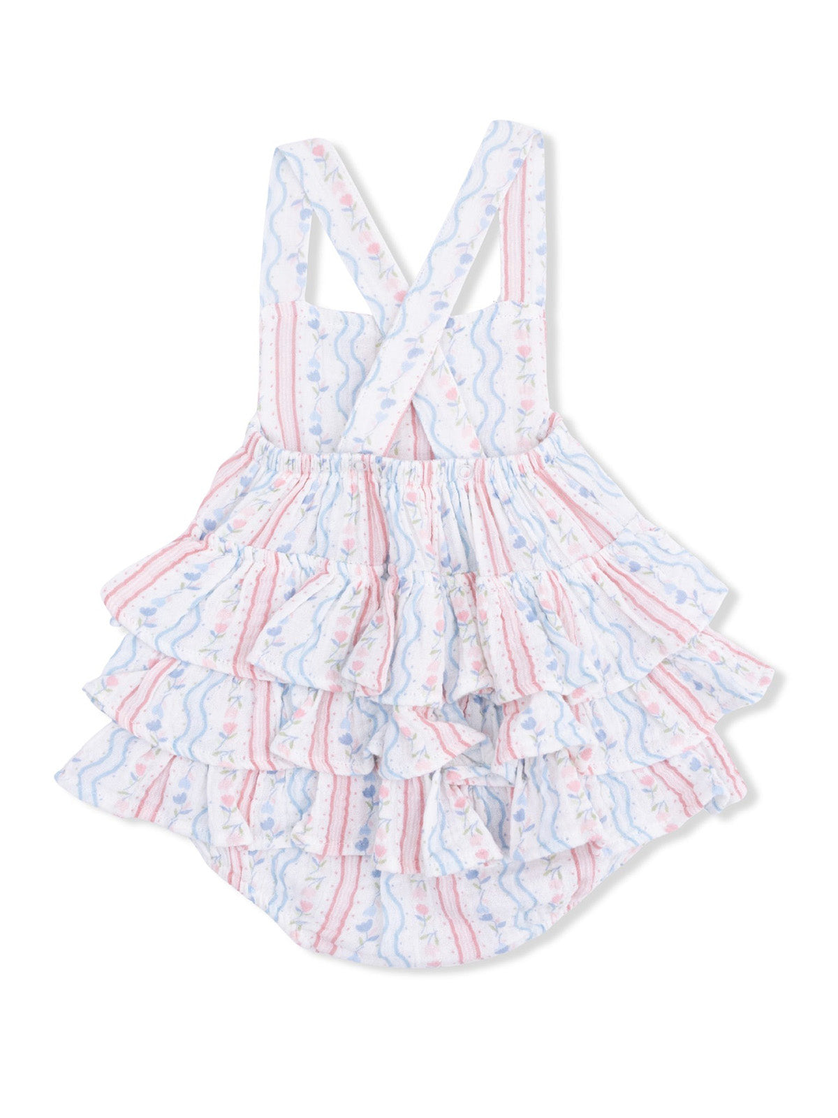 Ruffled children's dress with blue, pink, and white floral patterns and crisscross straps.