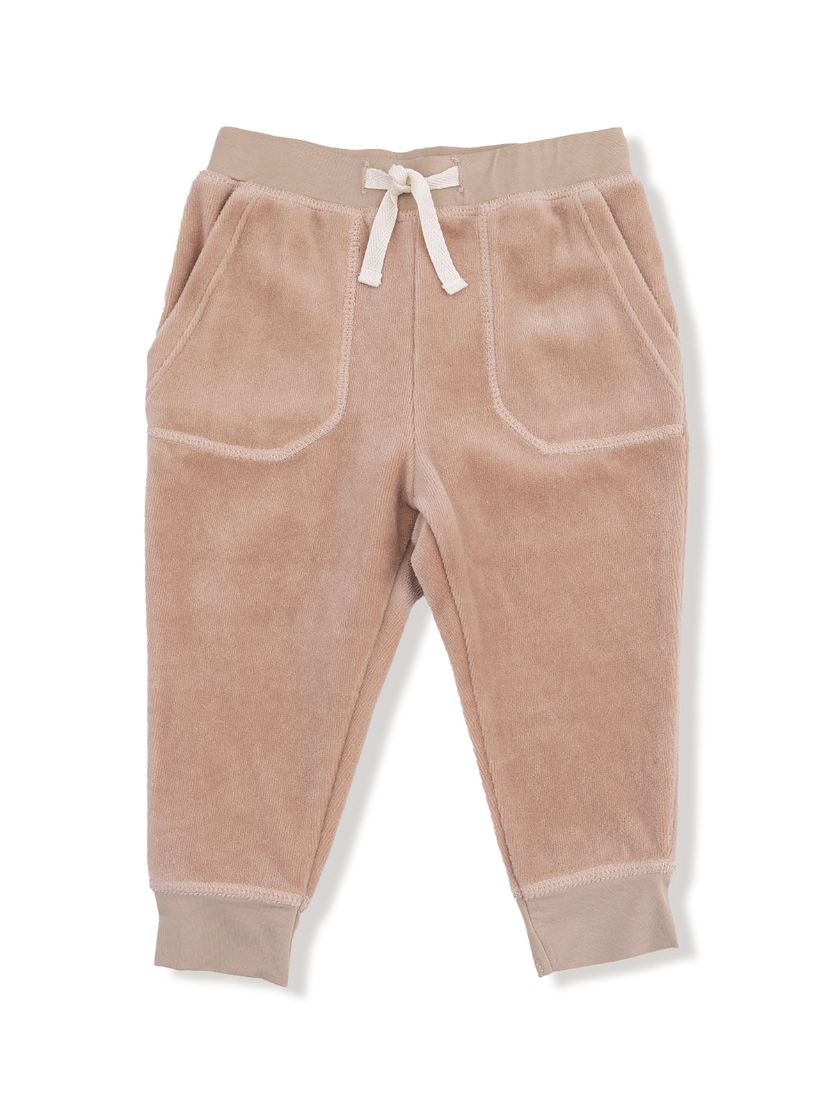 Light brown toddler sweatpants with pockets and drawstring, soft fleece material. Perfect for comfort and play.