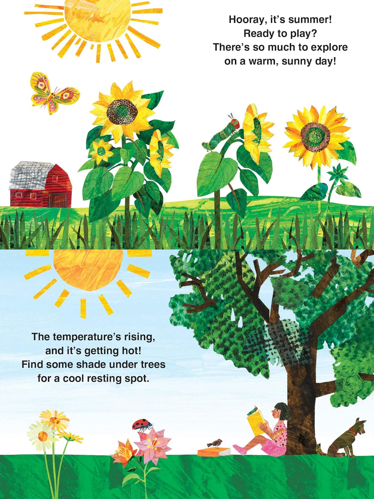 Illustration of summer with sun, sunflowers, and a girl reading under a tree, vibrant colors, joyful atmosphere.