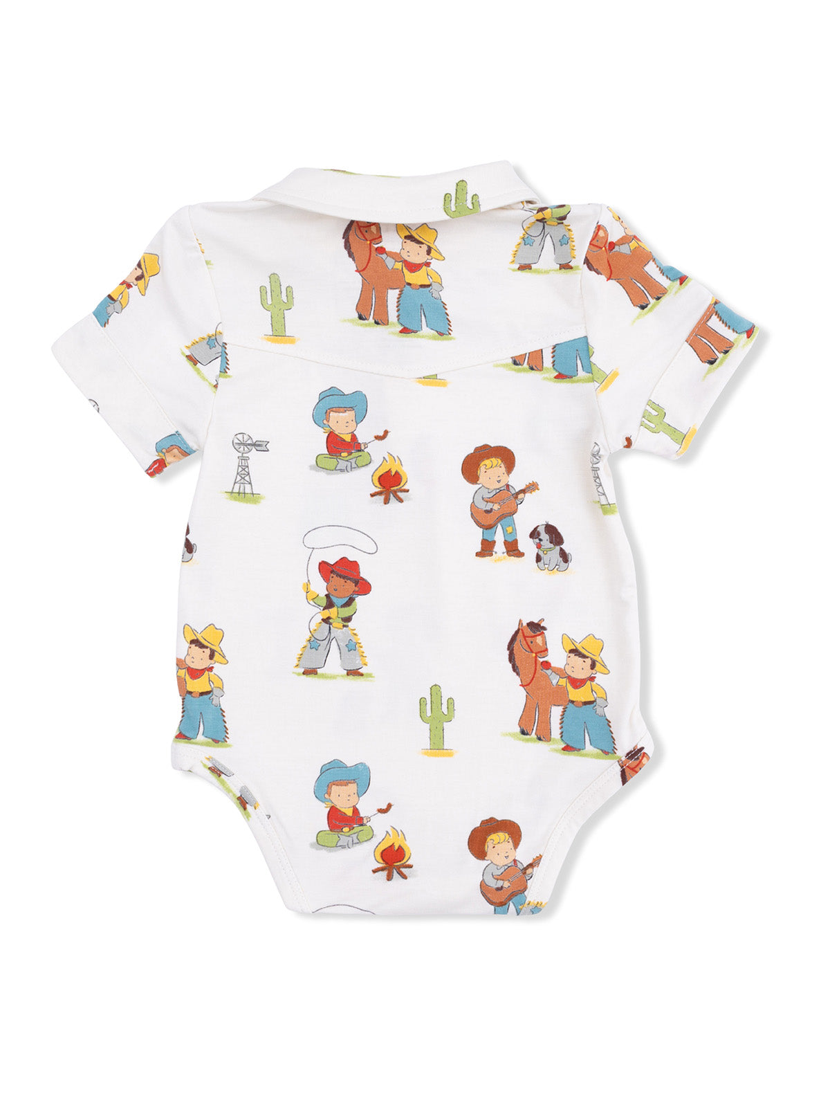 White baby onesie with colorful cowboy and nature-themed prints, featuring children and animals.