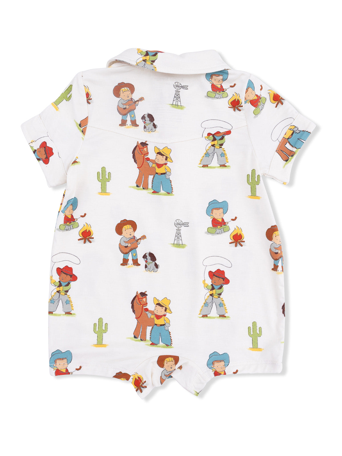 White romper with colorful cowboy-themed illustrations, including kids, horses, and cacti.