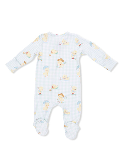 Baby onesie with playful animal prints in soft colors, featuring long sleeves and footed design.