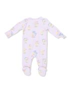 Baby onesie in pastel colors with a chick pattern and feet, featuring a gingham background design.