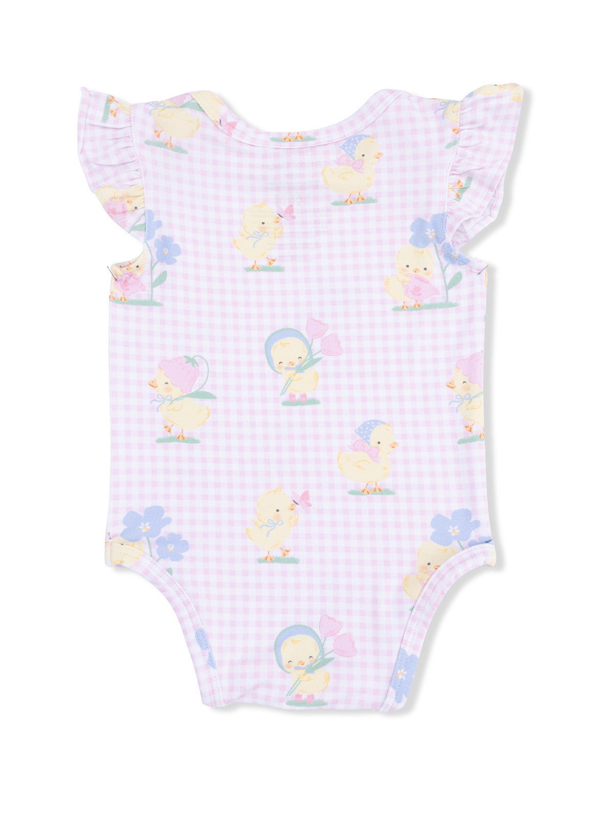 Light purple baby onesie with cute chick patterns and ruffled sleeves, set against a gingham background.