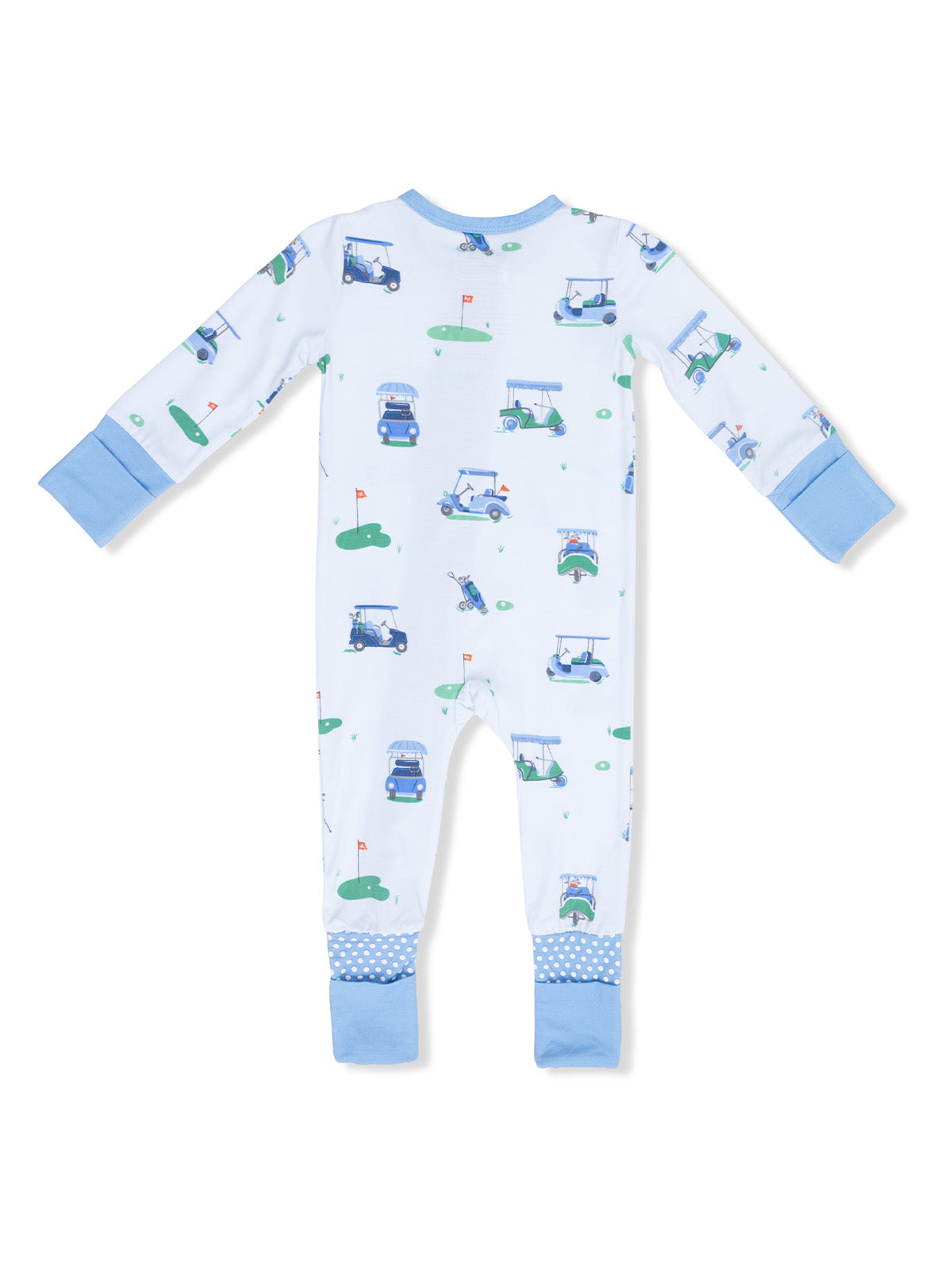 Blue golf-themed baby onesie with long sleeves and polka dot cuffs, featuring golf carts and flags design.