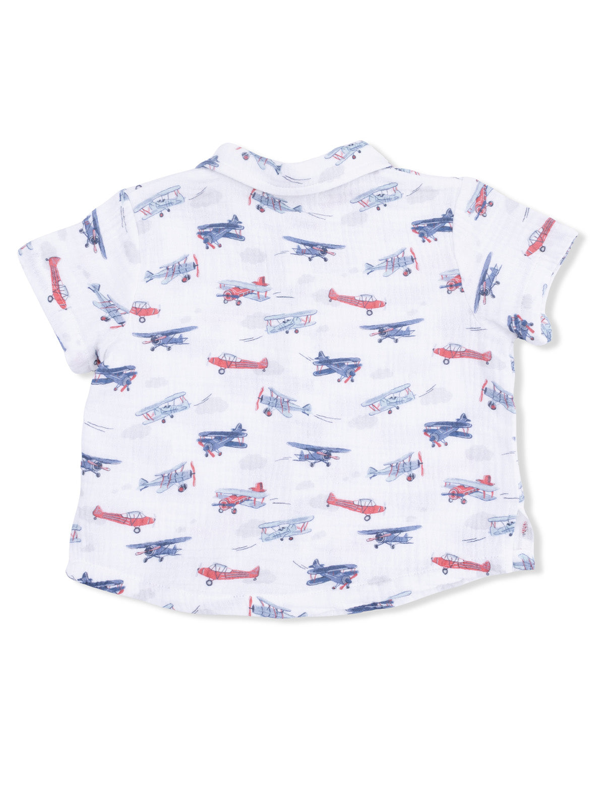 Back view of a short-sleeve shirt featuring a colorful airplane print on a white background.