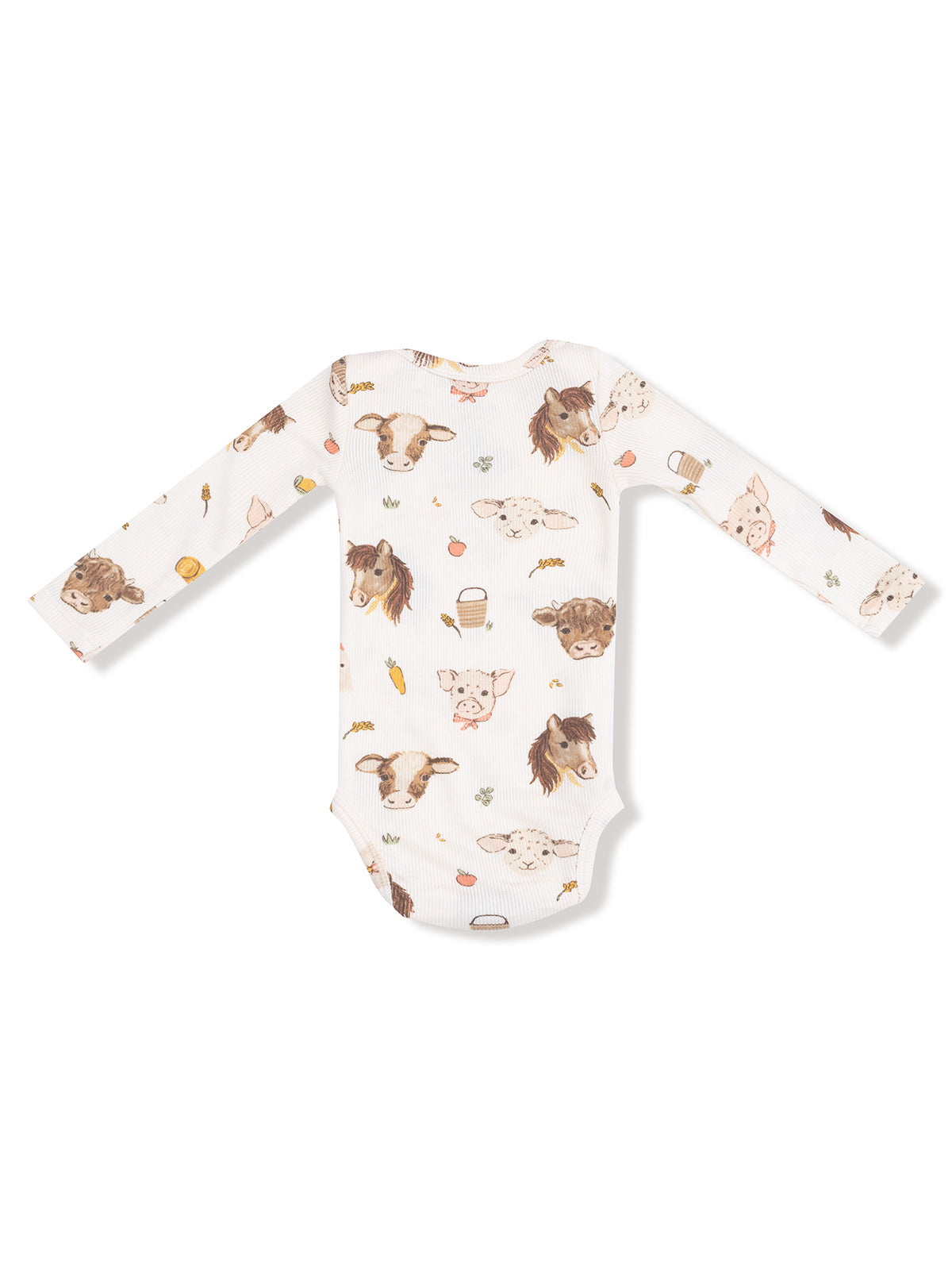 Long-sleeve baby bodysuit featuring colorful animal illustrations on a white background.