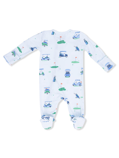 Light blue baby onesie with golf-themed patterns, including golf carts and putting greens. Soft footed design.