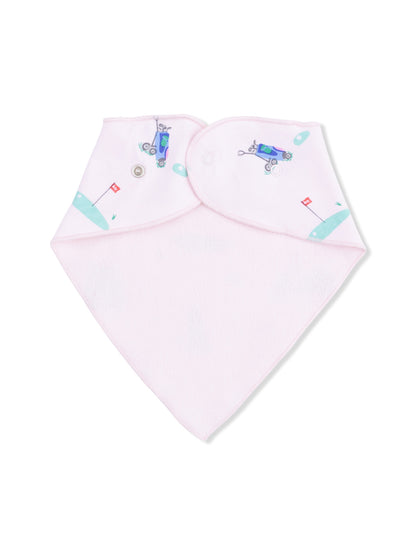 Pink baby bib with playful car designs and snap closure, perfect for keeping your little one clean during mealtime.
