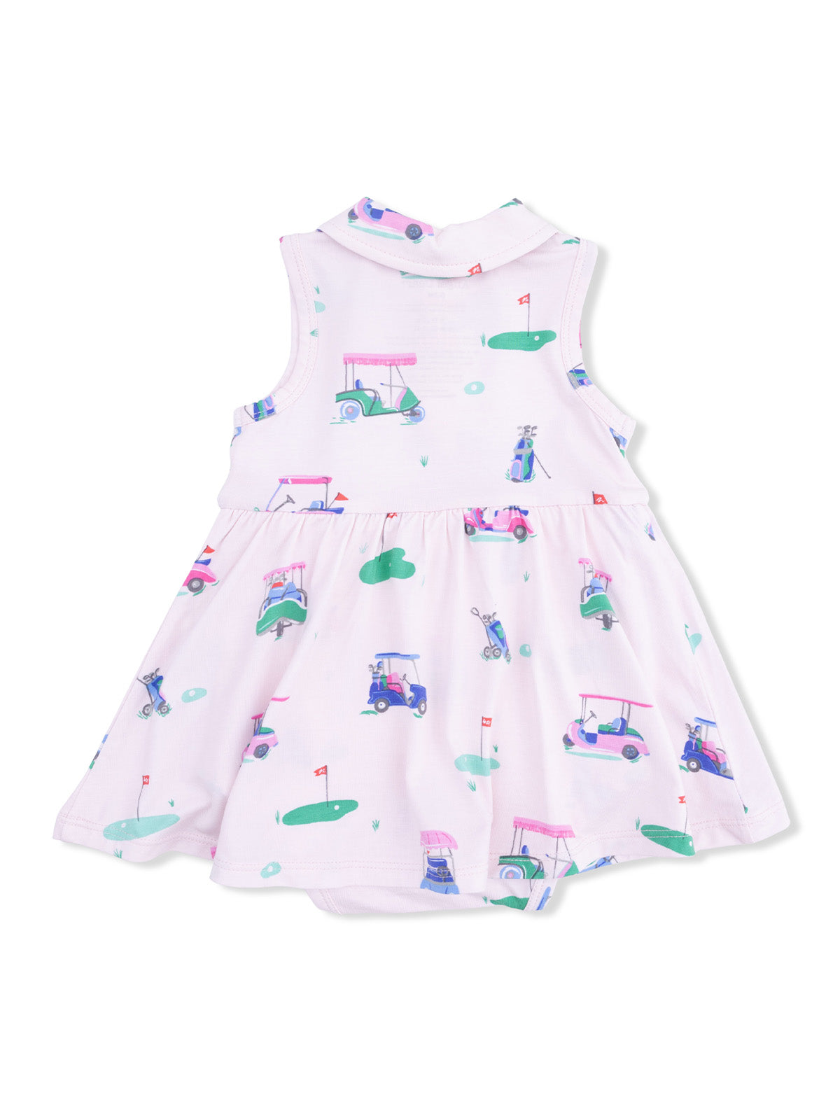 Multi-colored golf-themed dress with cart and flag patterns, featuring a flared skirt design.