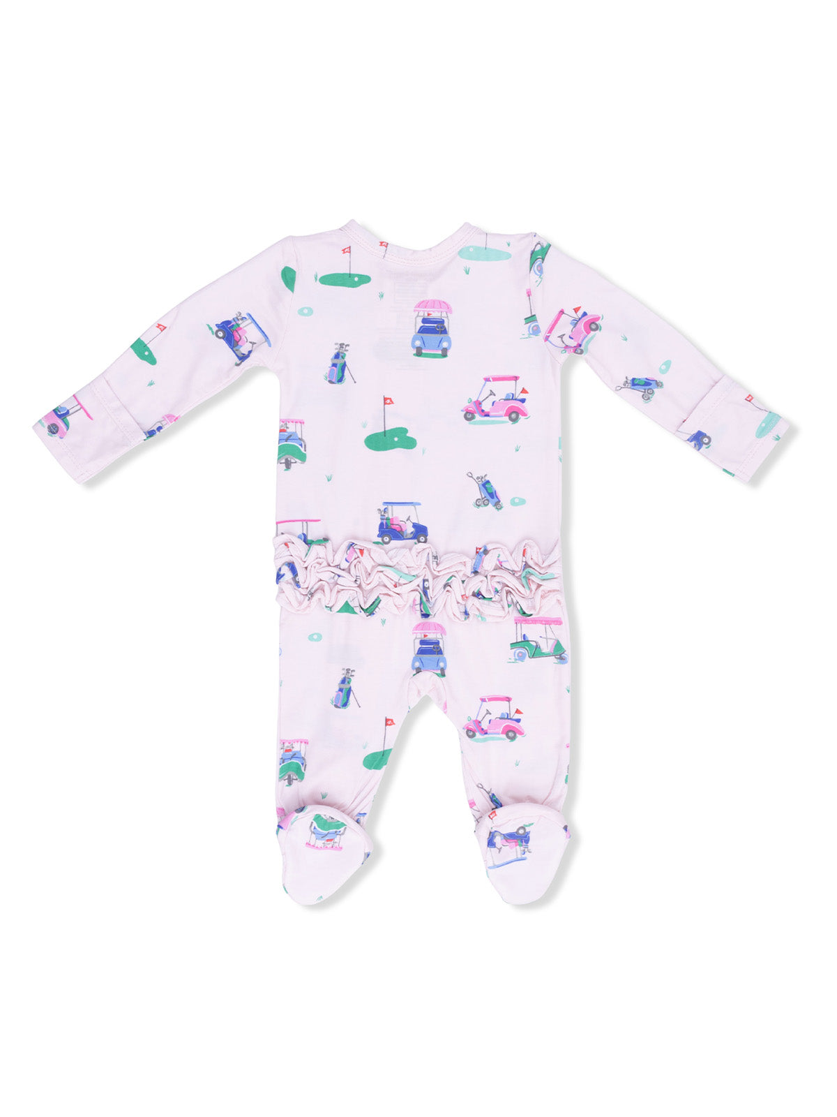 Baby onesie with golf-themed print, featuring golf carts and golfing elements on a light pink background.