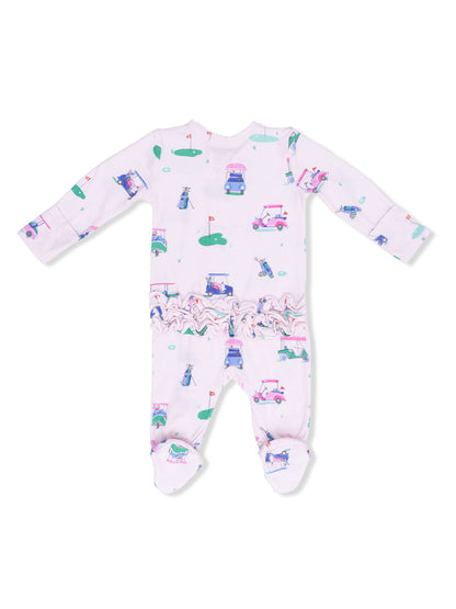 Baby onesie with golf-themed print, featuring golf carts and golfing elements on a light pink background.