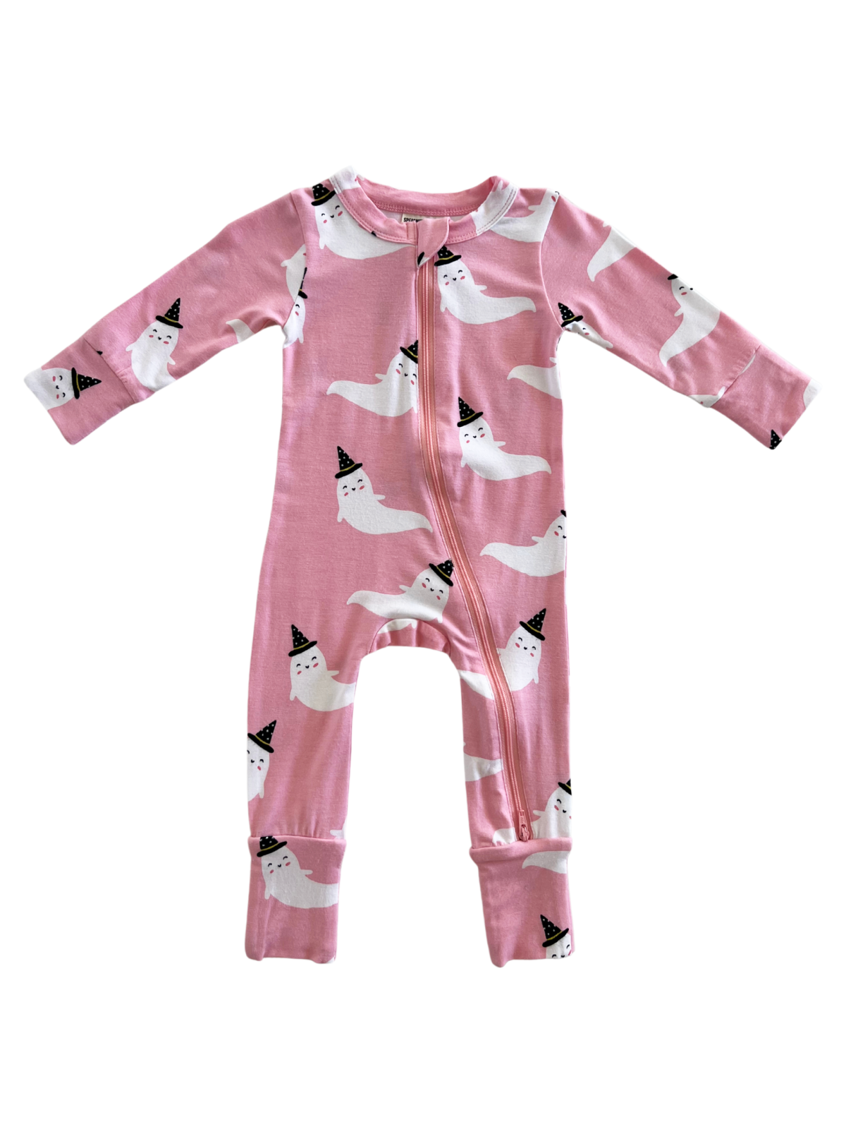 Pink zip-up onesie featuring playful white ghosts wearing party hats. Ideal for babies and toddlers.