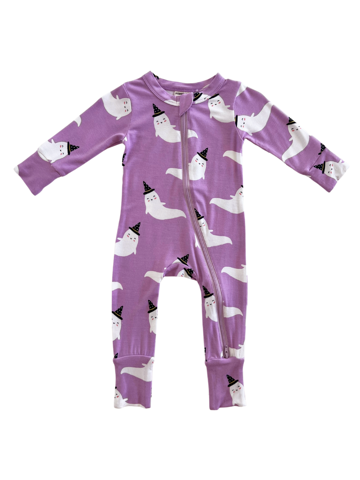 Purple toddler onesie with ghost print and party hats, featuring long sleeves and a front zipper.