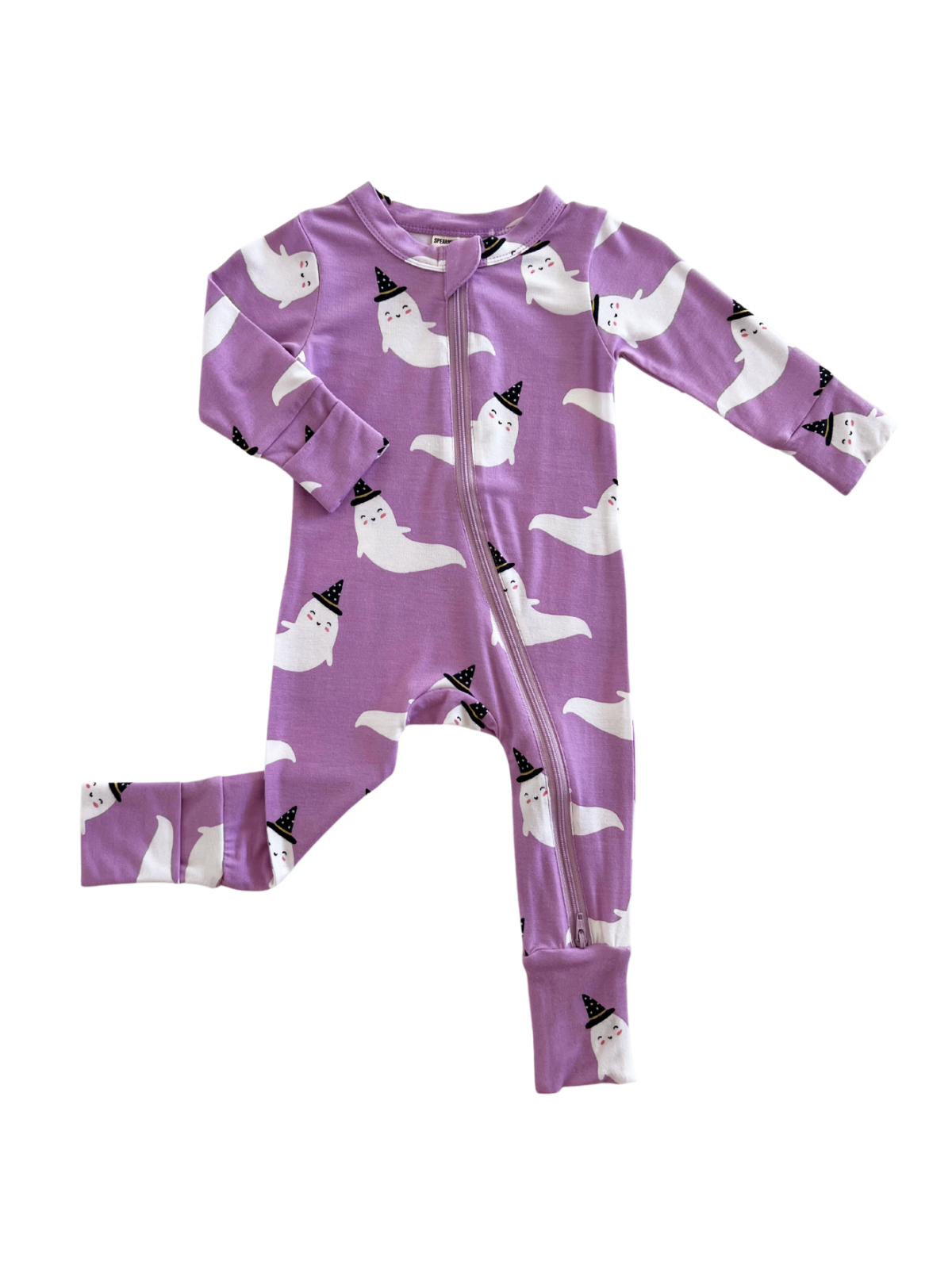 Purple pajama romper featuring whimsical ghosts in party hats, designed for infants and toddlers.