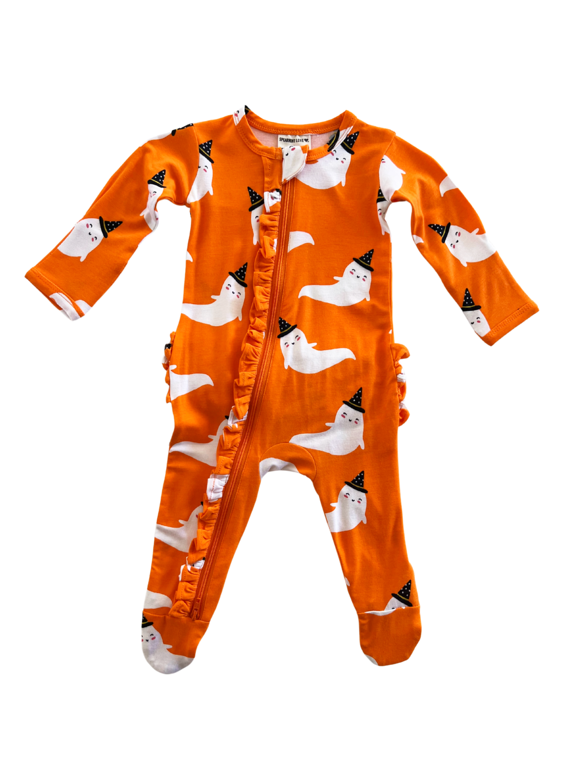 Orange baby onesie with ghost and witch hat print, featuring ruffles along the zipper. Perfect for Halloween.