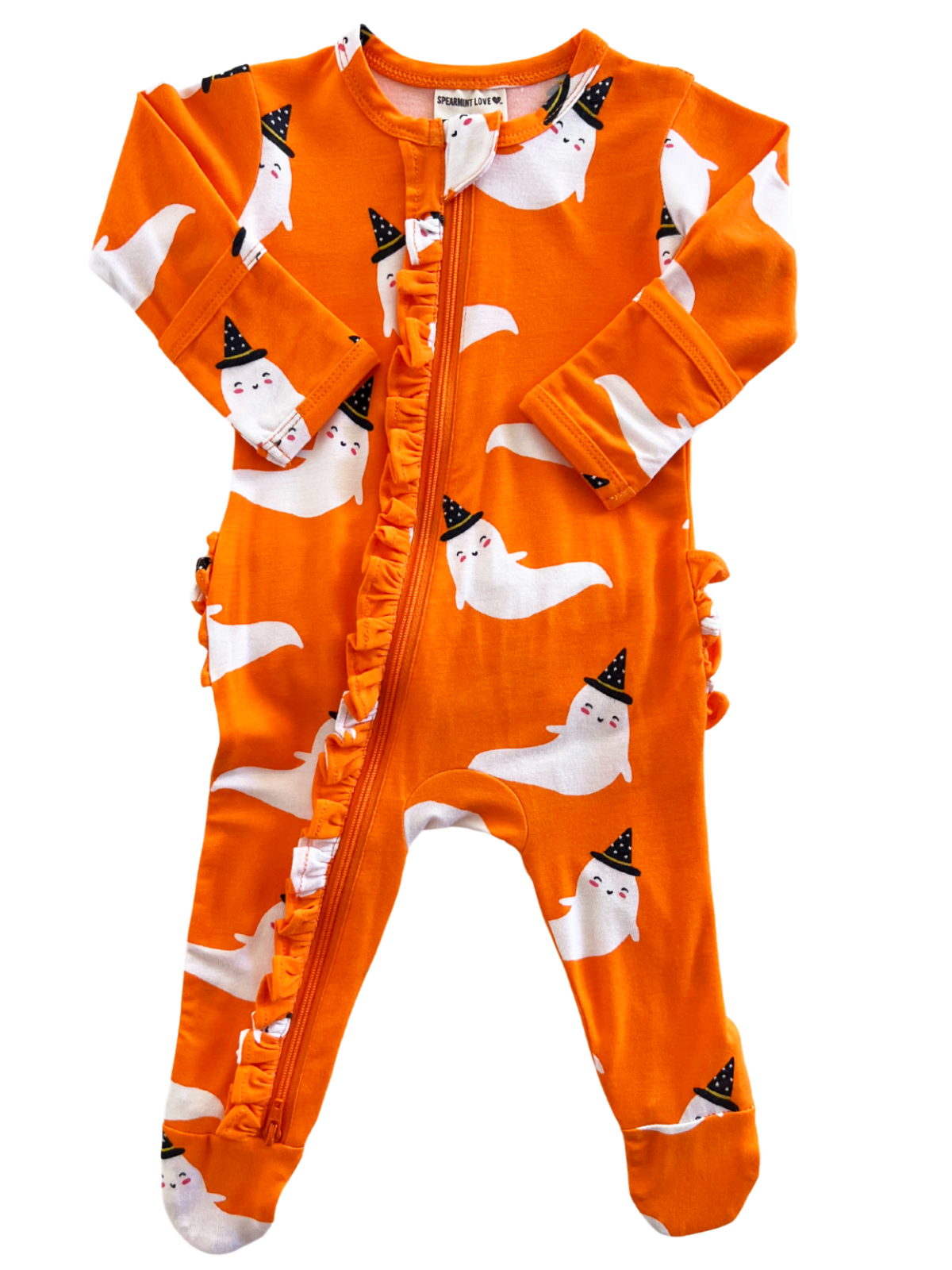 Orange baby onesie with ghost patterns and black hats, featuring a front zipper and ruffles along the side.