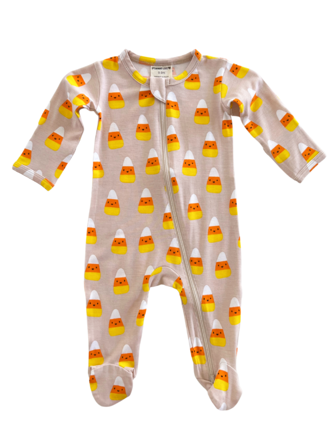 Cute infant onesie with candy corn pattern, featuring orange, yellow, and white colors. Perfect for Halloween.