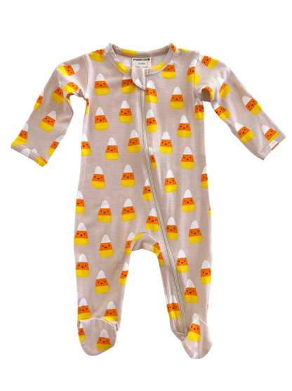 Cute infant onesie with candy corn pattern, featuring orange, yellow, and white colors. Perfect for Halloween.