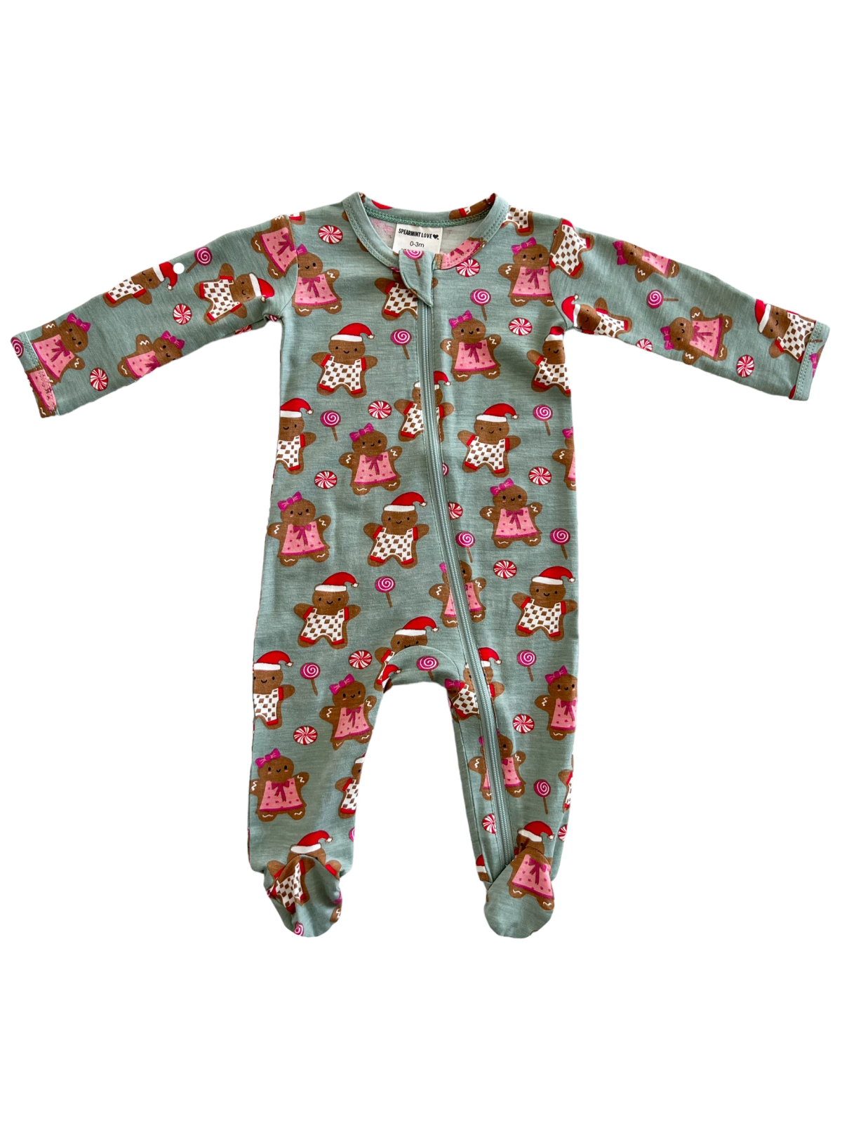 Gingerbread-themed baby onesie with festive print and long sleeves, featuring candy and cute designs.