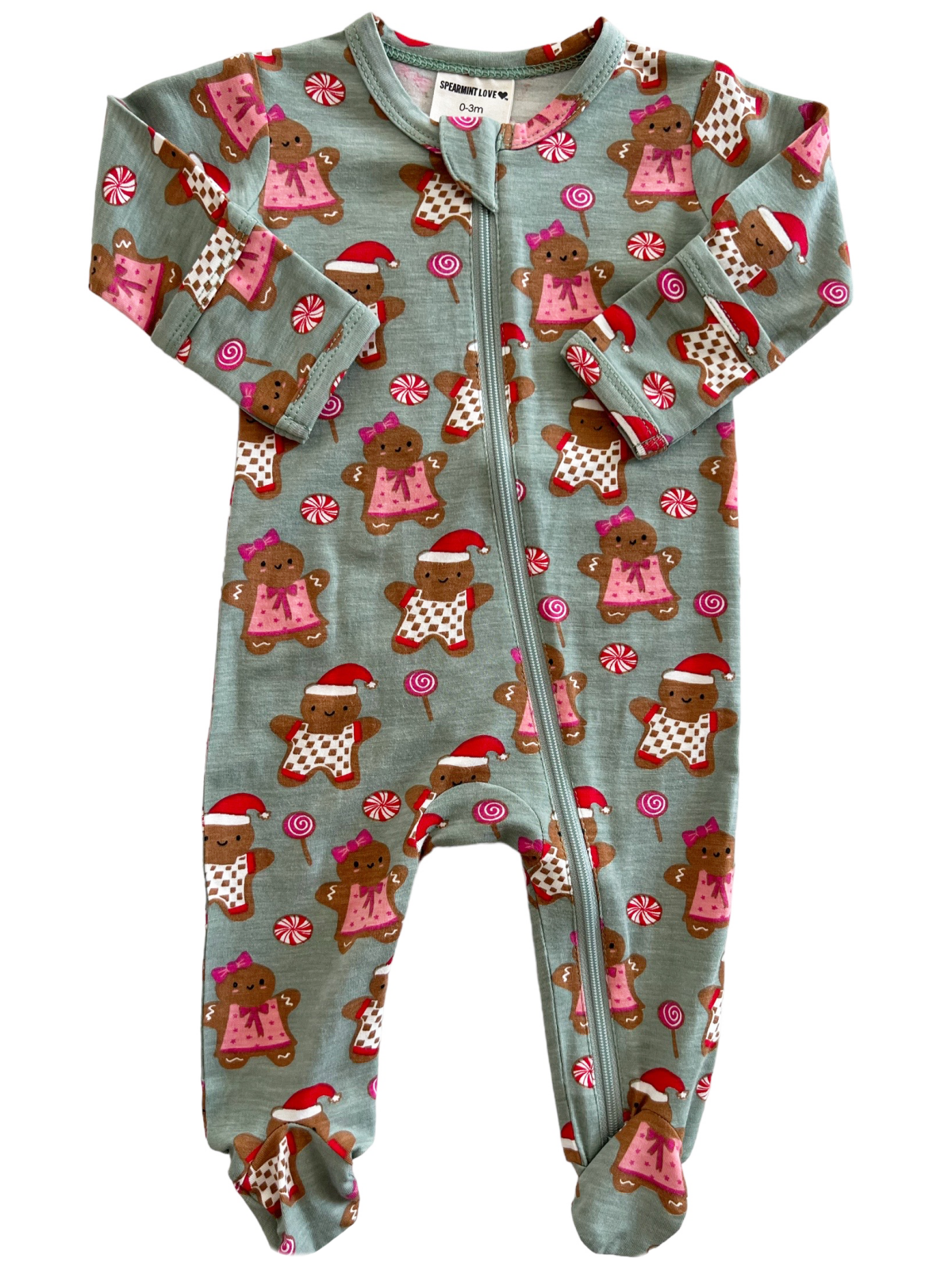 Green baby onesie with gingerbread man and candy cane patterns, featuring a front zipper and long sleeves.