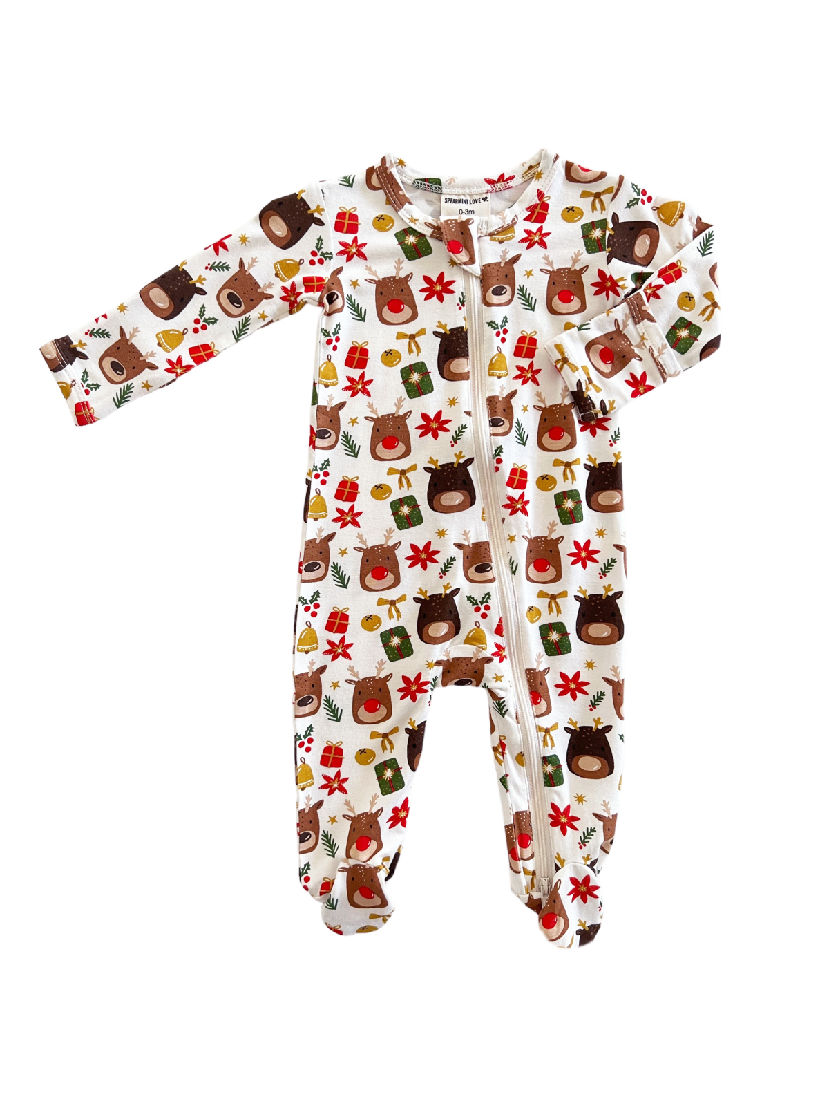 Christmas-themed baby onesie with reindeer, gifts, and festive flowers in colorful patterns.