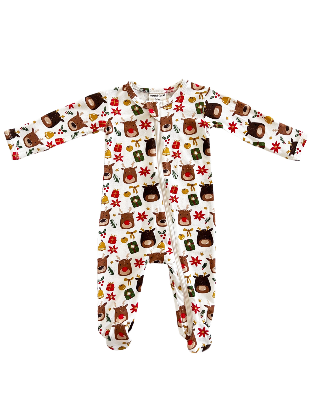 White baby onesie with festive bear and holiday designs, featuring a front zipper and long sleeves.