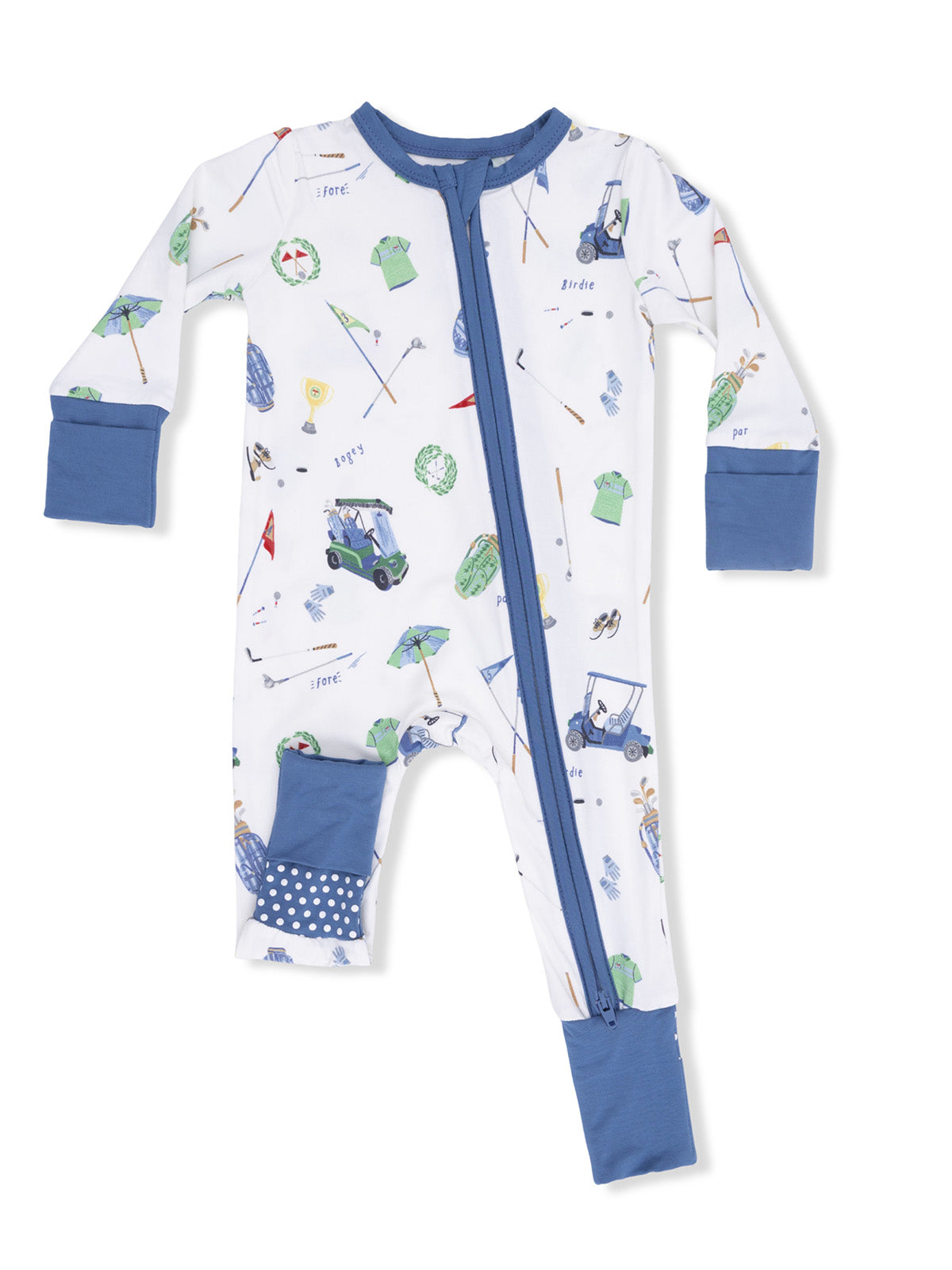 Children's golf-themed one-piece pajamas with blue accents and a zipper closure. Ideal for sleep or play.