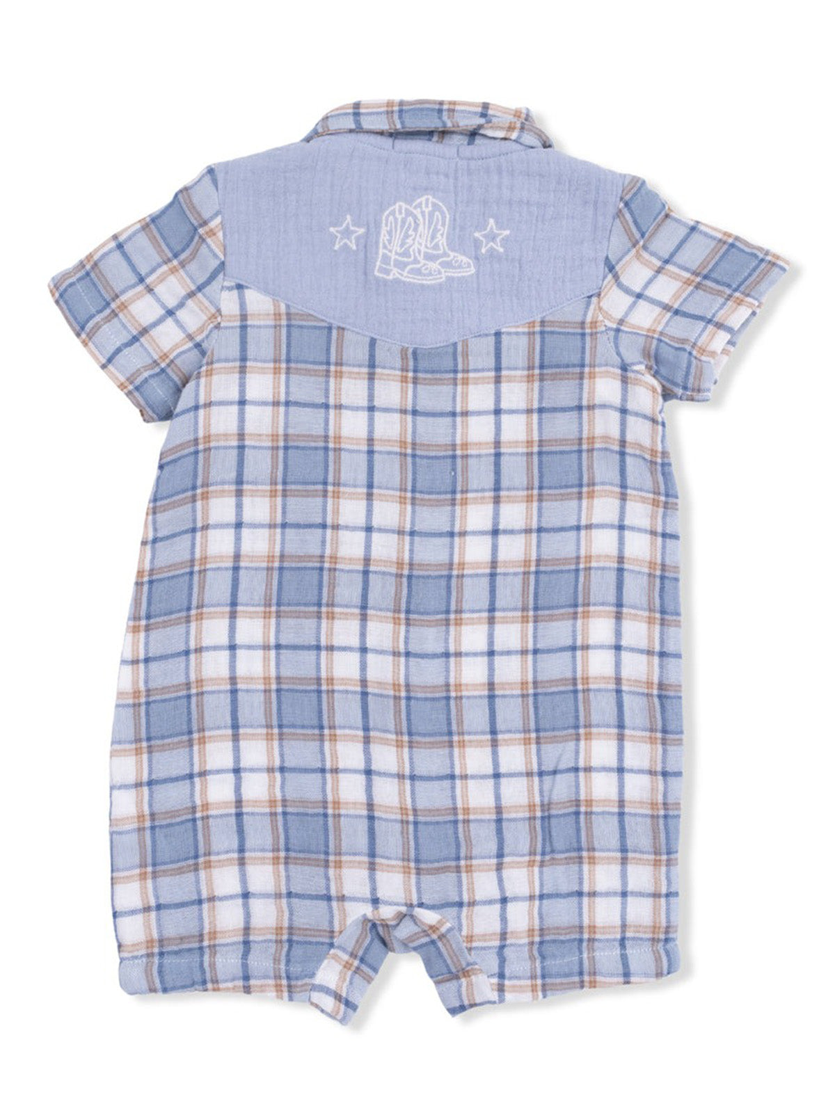 Back view of a blue plaid toddler romper with embroidered cowboy boots on the yoke.