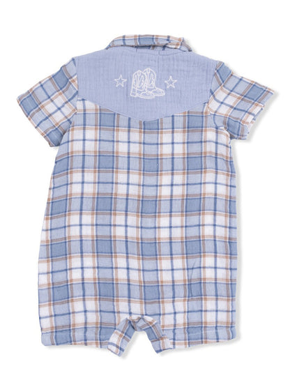 Back view of a blue plaid toddler romper with embroidered cowboy boots on the yoke.