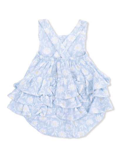 Light blue floral dress with ruffled layers and crisscross straps, ideal for spring and summer.
