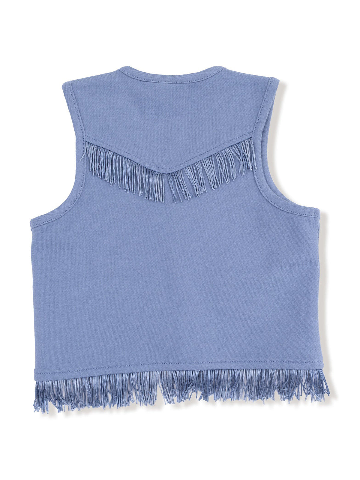 Back view of a sleeveless blue top with fringed hem and collar details.
