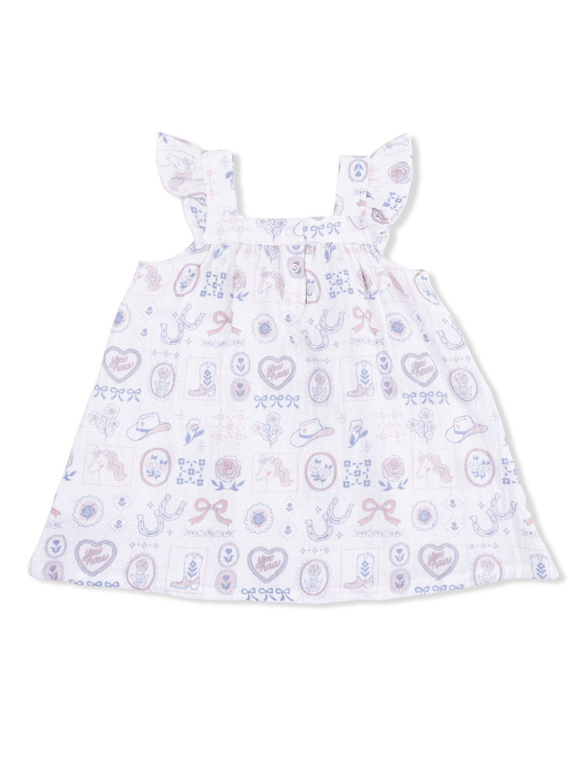 White sleeveless dress with ruffled straps, featuring a colorful western-themed print.