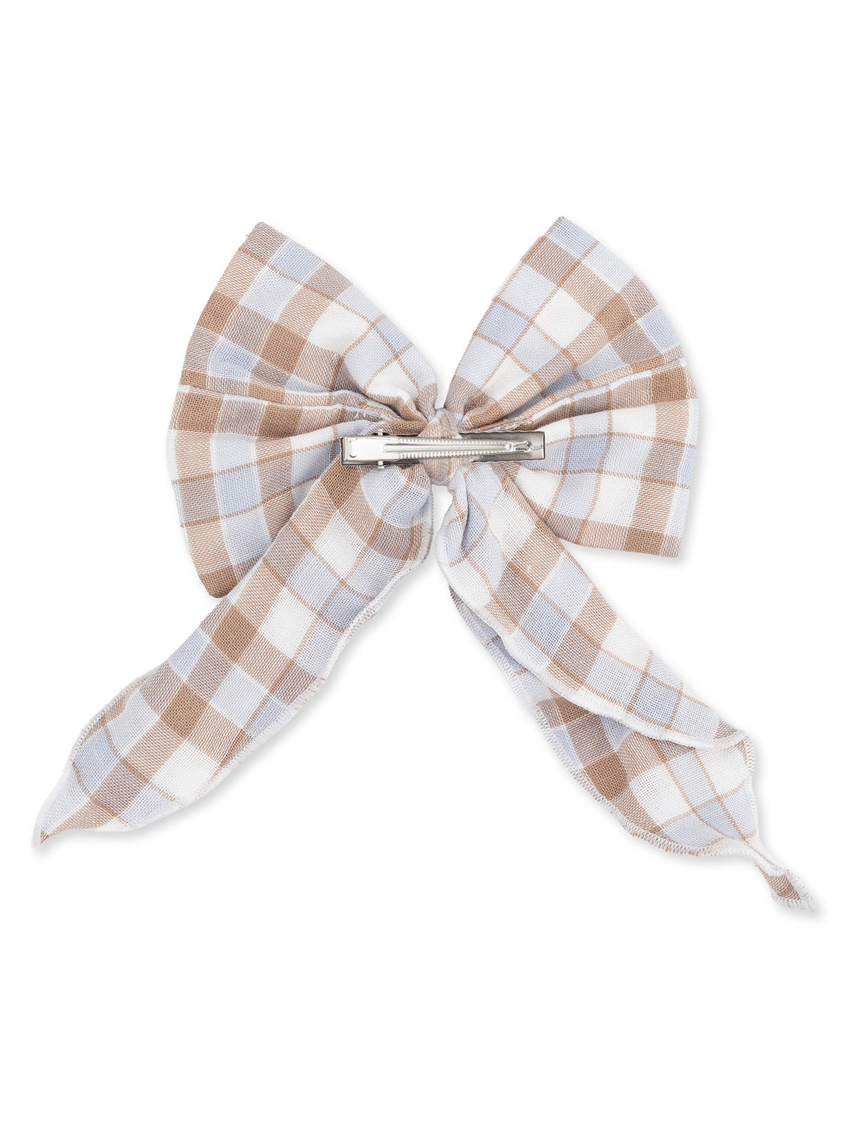 Plaid hair bow in brown and light blue with a clip attachment. Ideal for adding a stylish touch to any hairstyle.