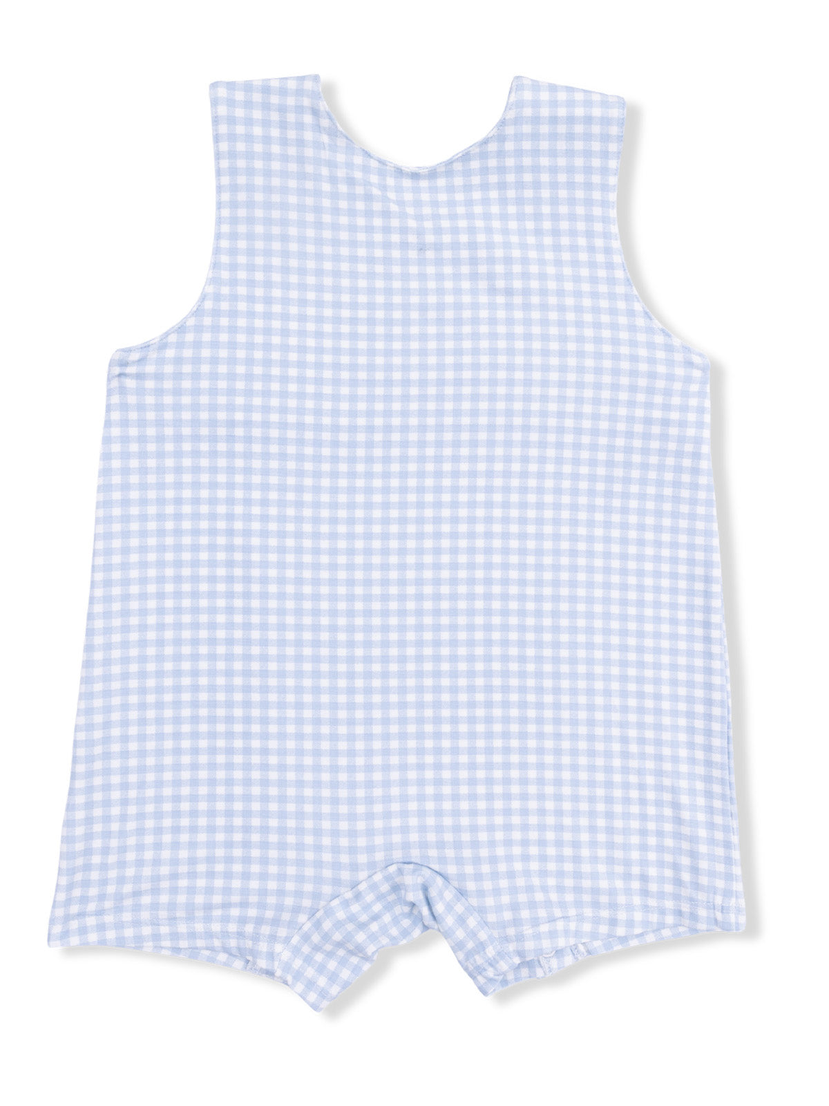 Light blue gingham sleeveless romper with a round neckline and shorts style, ideal for warm weather.