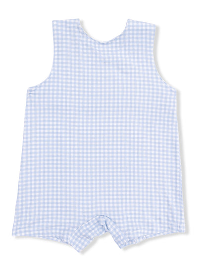 Light blue gingham sleeveless romper with a round neckline and shorts style, ideal for warm weather.