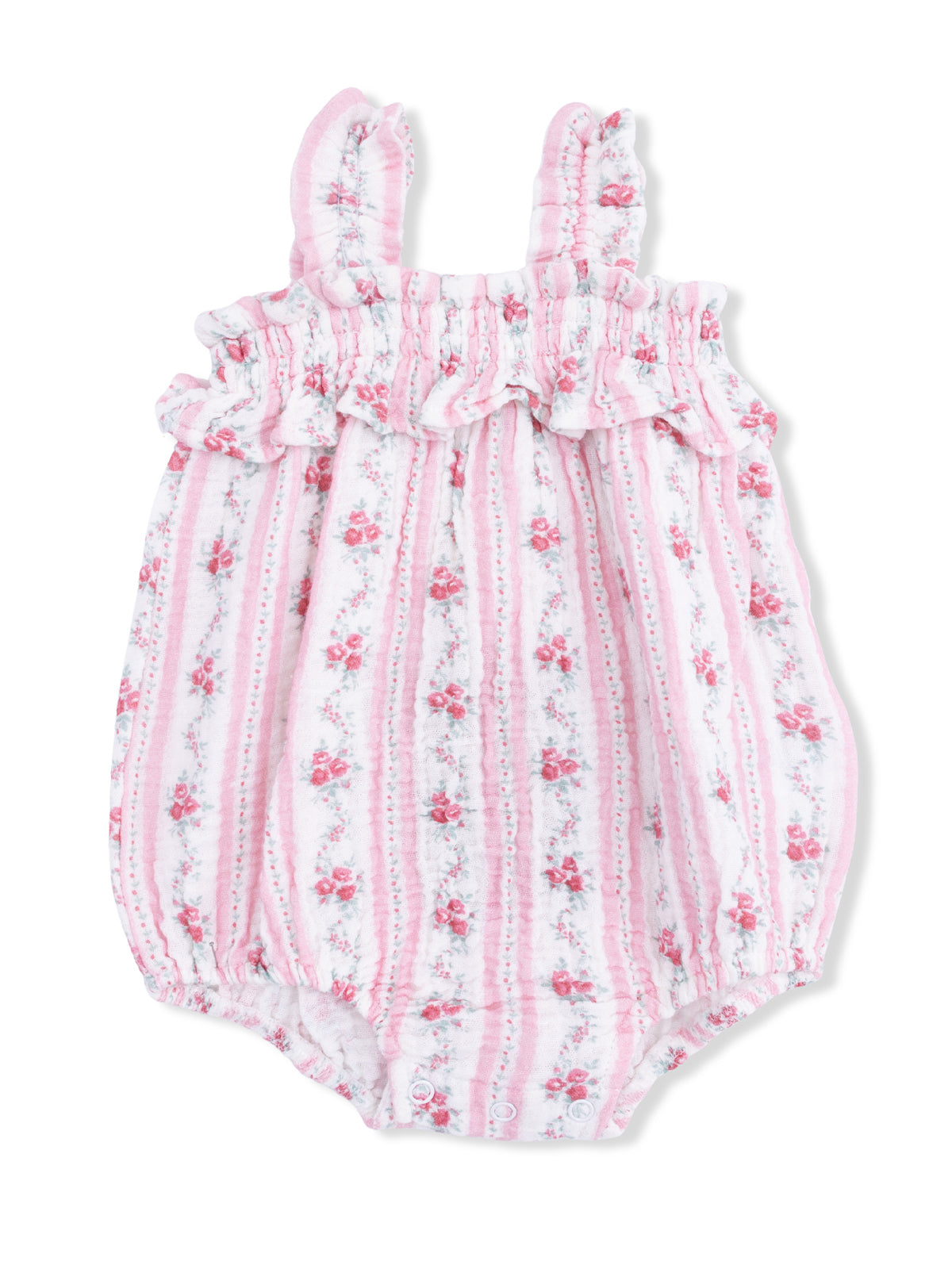 Pink floral baby romper with ruffled neckline and straps, featuring a striped pattern and snap closures at the bottom.