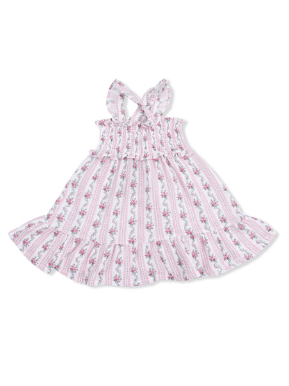 Floral girls' dress with ruffled straps and a tiered skirt, featuring pink and white stripes.