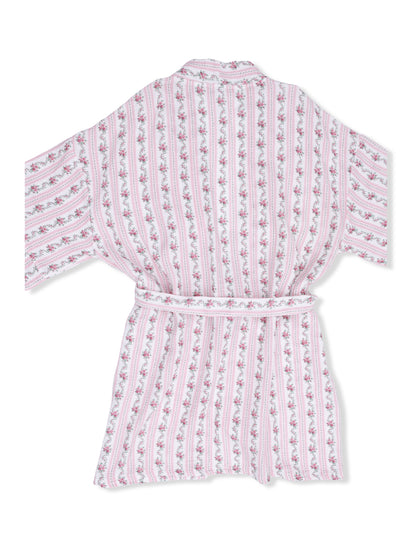 Back view of a pink and white striped robe with floral patterns and a tied waist. Ideal for loungewear.