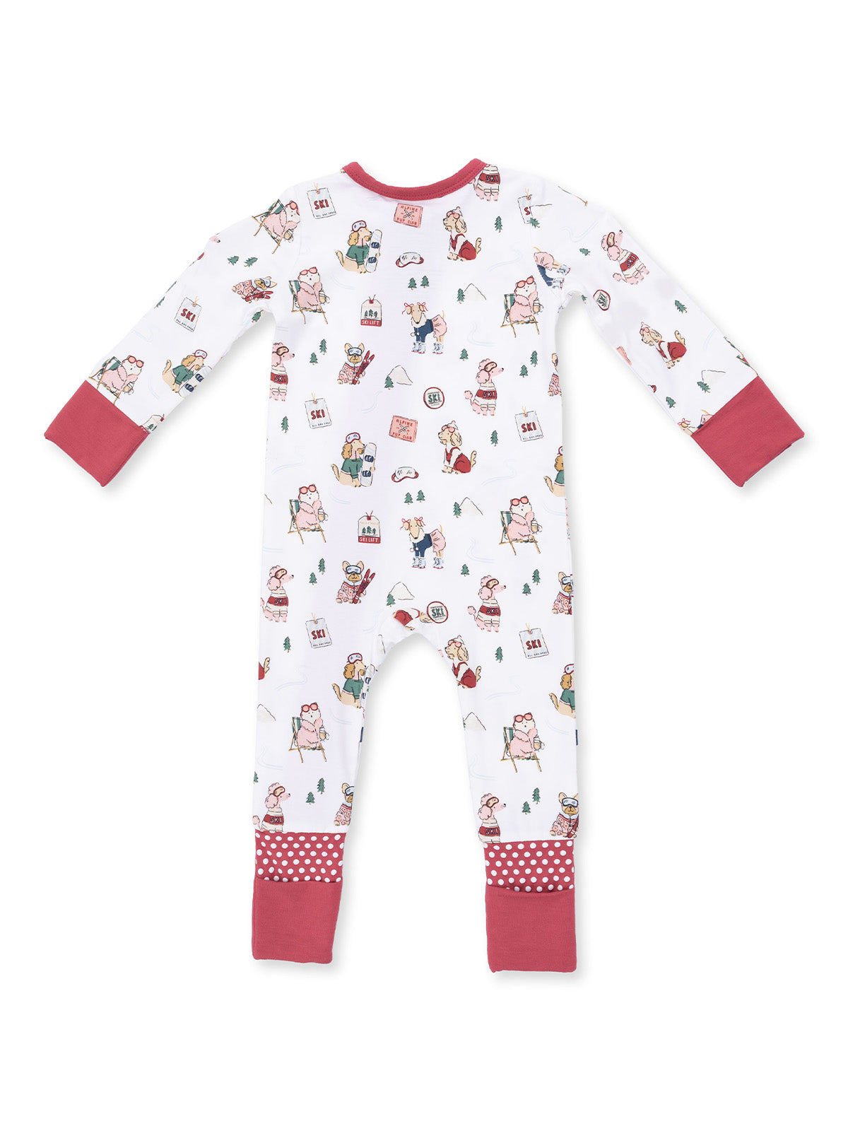 2-Way Zip Romper, Winter Sports Dogs Pink