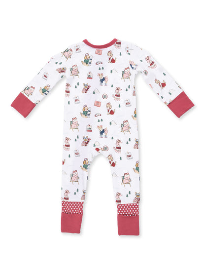2-Way Zip Romper, Winter Sports Dogs Pink