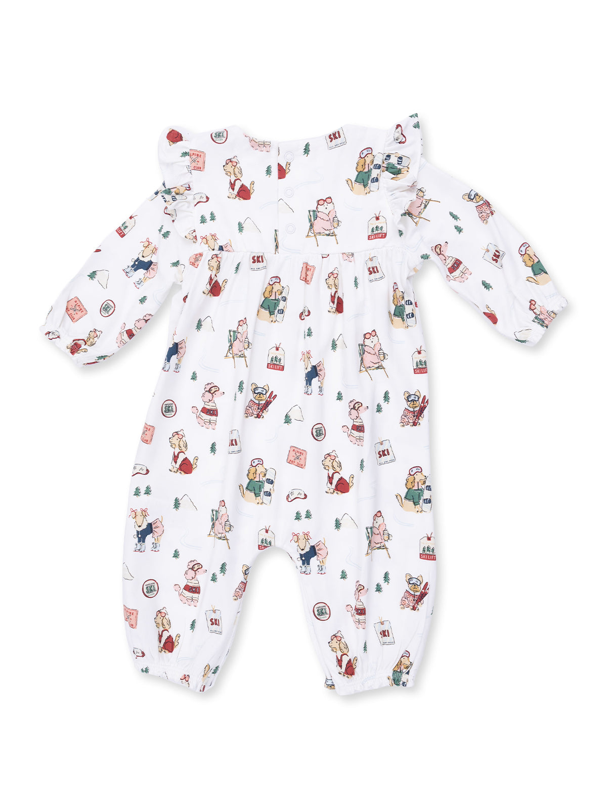 Ruffle Sleeve Romper, Winter Sports Dogs Pink