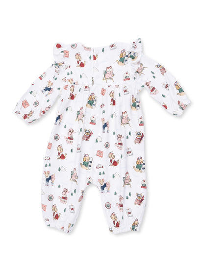 Ruffle Sleeve Romper, Winter Sports Dogs Pink
